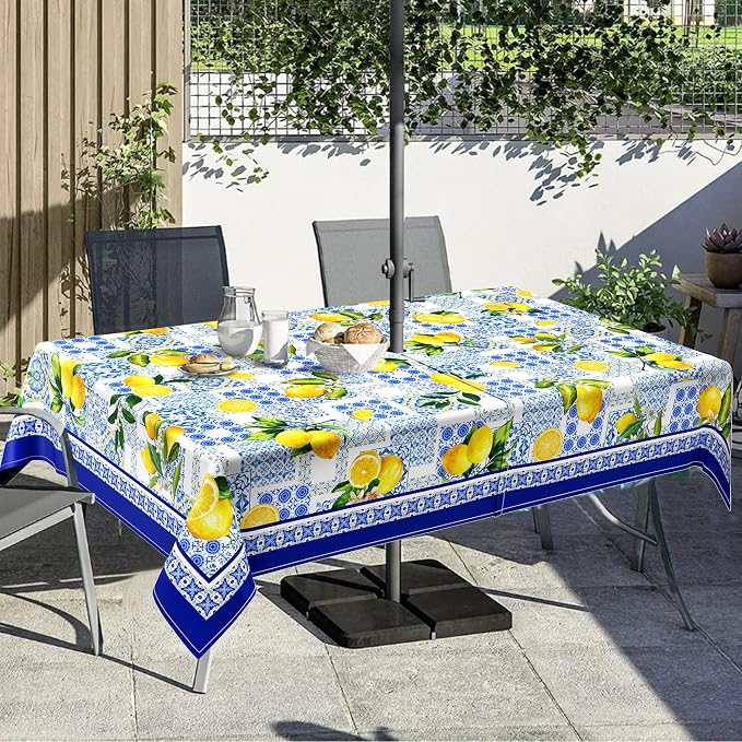 Outdoor Tablecloth with Umbrella Hole and Zipper, Rectangle Patio Table Covers for Spring/Summer, Machine Washable Outdoor Picnic Table Cloth (Mediterranean, 60" × 84" Rectangular)