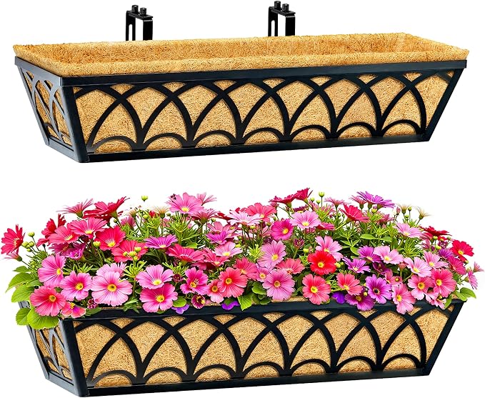 24 Inch Railing Planter Box Window Boxes Planters - 2 Pack Deck Railing Planter Boxes with Adjustable Brackets Coco Liners Balcony Planters Railing Hanging for Window Flower Boxes Outdoor Garden Decor
