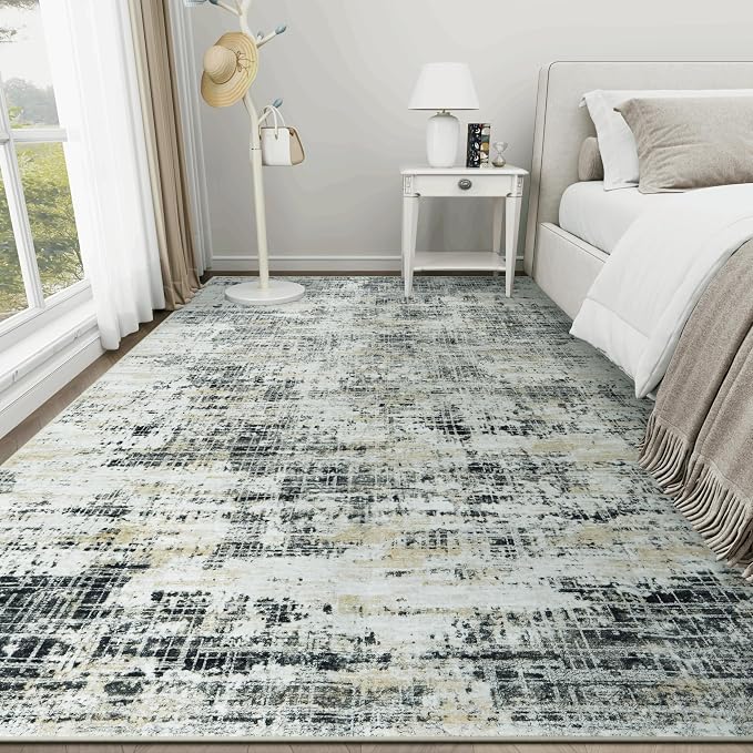 10x14 Washable Area Rug for Living Room Bedroom: Non-Slip Modern Black Gray | Machine Washable TPR Backing, Stain-Resistant Low Pile, Pet & Kid Friendly, Abstract Decor for Dining Room, Dorm, Home Office