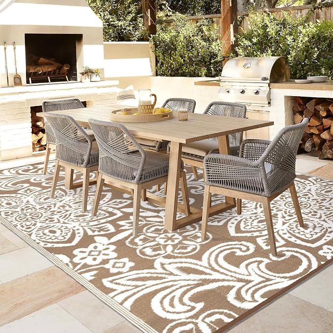 Findosom Waterproof Outdoor Rug 5' x 8' - Reversible Mandala Outdoor Plastic Straw Rug, Durable Foldable Patio Rug for RV, Deck, Balcony, Backyard, Picnic, Porch, Camping, Beach, Brown