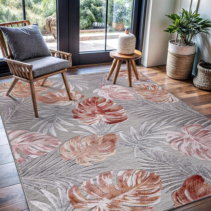 CAMILSON Indoor Outdoor Rug, Multi 5x7 Leaf Tropical Botanical Area Rugs for Indoor and Outdoor patios, Easy-Cleaning Non-Shedding Living Room, Garden and Kitchen Washable Outside Carpet (5 x 7)