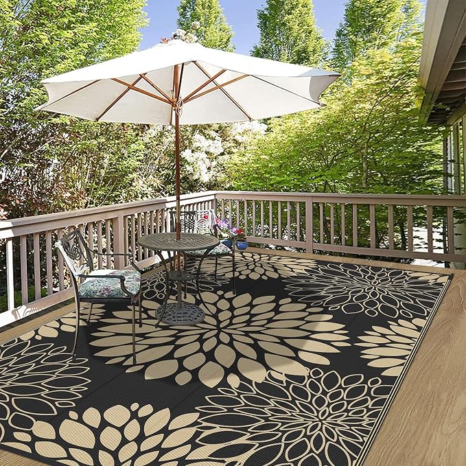 Ileading Waterproof Outdoor Rug 6x9, Reversible Plastic Straw Patio Rug, Portable Indoor Outdoor RV Camping Mat Carpet for Deck, Porch, Balcony, Backyard, Picnic, Floral Black