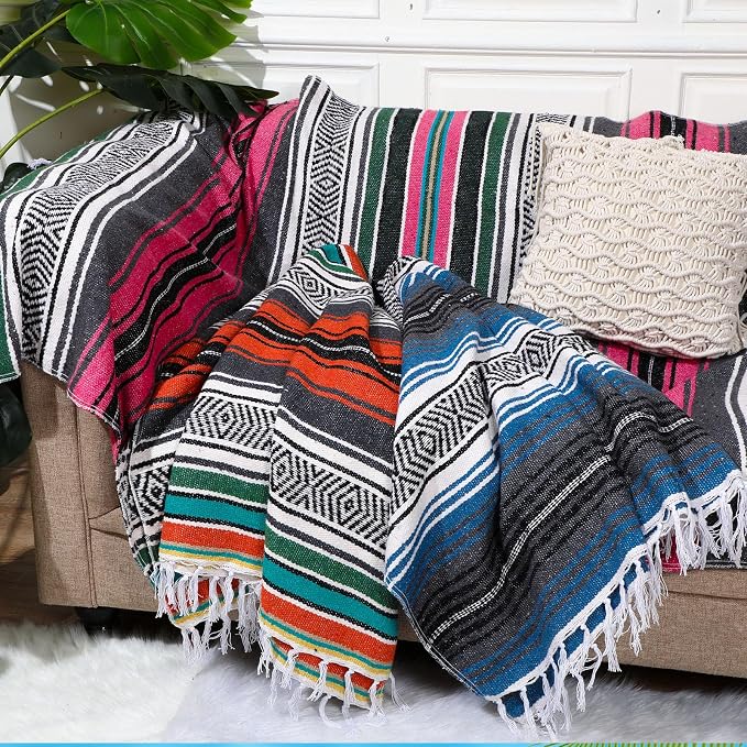 Oudain 3 Pack Mexican Blankets 45 x 70 Inch Woven Serape Throw Blanket, Baja Yoga Blanket for Beach Picnic Camping Boho Couch Decor Travel Outdoor (Exquisite Color)