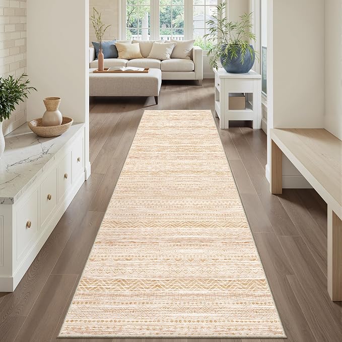 Miukiki Hallway 2x8 Runner Rug Washable Non Slip Kitchen Rug Beige | Soft Low Pile Long Floor Runner for Entryway Bedroom Laundry Room, Indoor Foldable Carpet with Rubber Backing 2'x8'