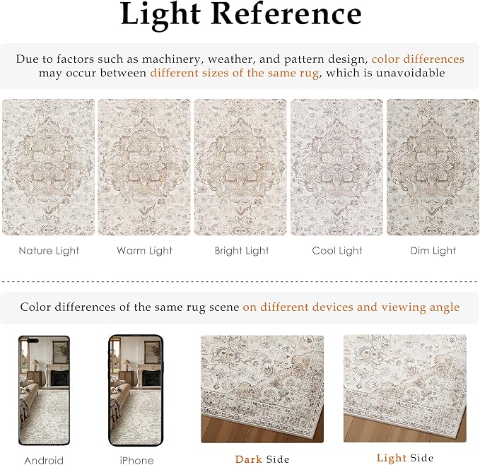 Beige Area Rug 4x6 Living Room Vintage Floral Non-Slip Carpet | Machine Washable, Soft, Low Pile, for Bedroom, Dining Room, Kids Room, Nursery, Office, Retro Neutral Decor