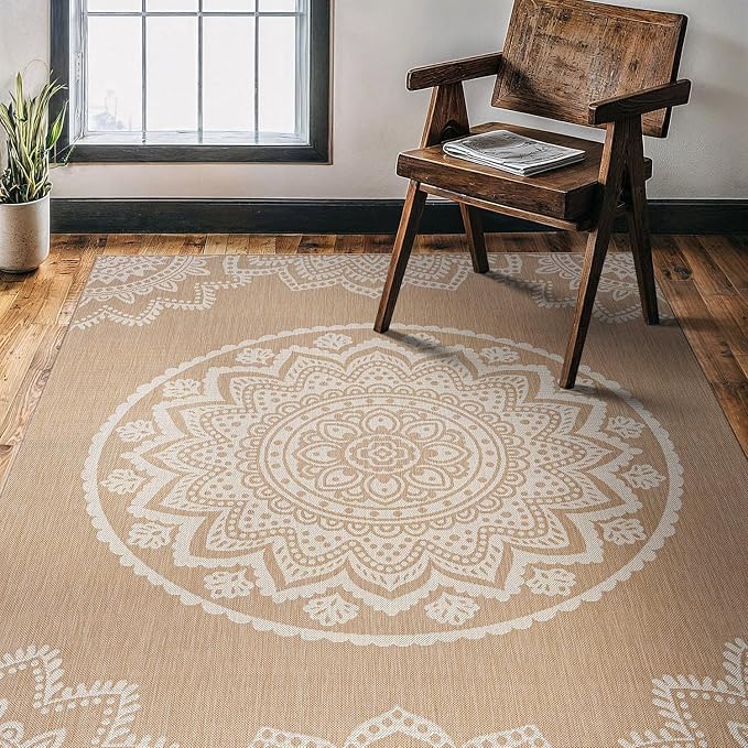 CAMILSON Outdoor Rug 6x9 Modern Area Rugs for Indoor and Outdoor Patios and Porches - Waterproof, Washable, Non-Shedding, Easy-to-Clean Outside Carpet (6 x 9, Medallion - Beige/White)