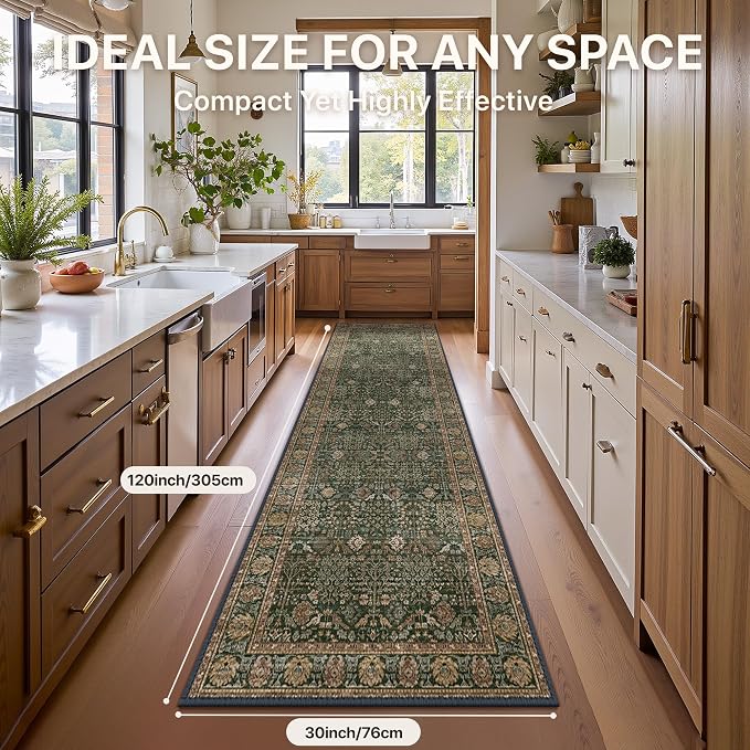 2'6" x 10' Kitchen Runner Rug, Washable Non Slip, Dark Green Brown | Vintage Floral, Spill Resistant, Lightweight Low Pile Carpet for Hallway, Bedroom, Laundry Room and Bathroom