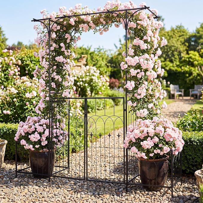 Giantex Garden Arbor with Gate and Planter, 79" W x 81" H Metal Arch Trellis with Double Doors, Outdoor Archway for Climbing Plants, Weddings, Backyard, Patio, Lawn, Ceremony Party Decoration