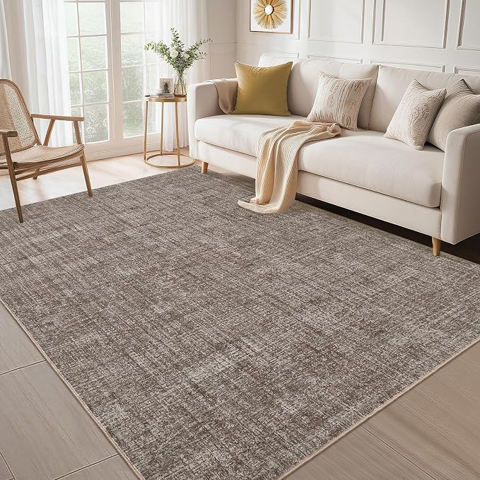 Garvee Solid Washable Rugs 5x7 Area Rugs for Living Room Bedroom Brown | Soft Non Slip Rugs for Bedroom, Low Pile Neutral Rug, Stain Resistant Foldable Carpet for Playroom Dorm, Farmhouse Rugs
