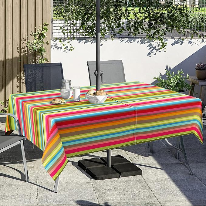 Outdoor Tablecloth with Umbrella Hole and Zipper, Rectangle Patio Table Covers for Spring/Summer, Machine Washable Outdoor Picnic Table Cloth (01stripes, 60" × 84" Rectangular)