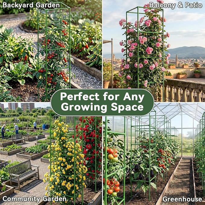 Halatool 2 Pack 72" Tall Square Tomato Cages - Heavy Duty Metal Plant Cage for Indeterminate Tomatoes, Reusable Trellis for Garden Vegetables, Up to 6ft Supports for Peppers, Cucumbers, Raised Beds