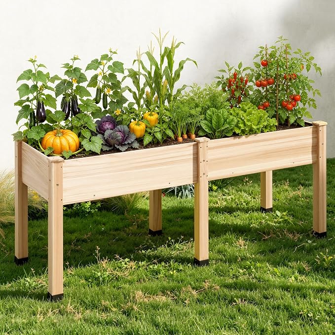 AMERLIFE Raised Garden Bed, 72x24x30 Inches Elevated Wood Planter Box with Bed Liner, Legs, Divider, Drainage Holes, Stand for Backyard, Patio, 350 Lb Capacity - Light Wood