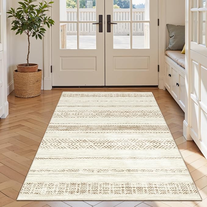 Miukiki 3x5 Washable Area Rug Moroccan Soft Non Slip Entryway Rug Brown | Machine Washable 3x5 Rug for Bedroom Kitchen Living Room, Low Pile Indoor Floor Carpet with Vintage Pattern