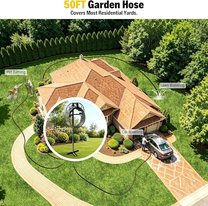 Garden Hose Holder with 50ft Kink Free Water Hose Kit, Metal Heavy Duty Freestanding Garden Hose Hanger Storage Stand, Hose Storage for Outside Yard Lawn Farm, Outdoor Organizer