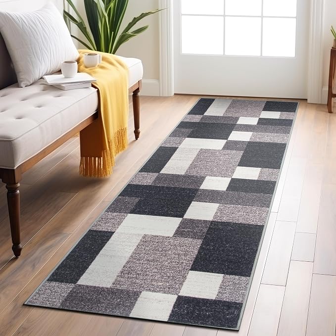 Rugshop Modern Boxes Non-Slip Living Room Kitchen Runner Rug Gray 2'7" x 6' | Runner, Size 2'7" x 6', Bedroom, Dining Room, Home Office, Entryway, Hallway, Nursery, Kids Room, Guest Room