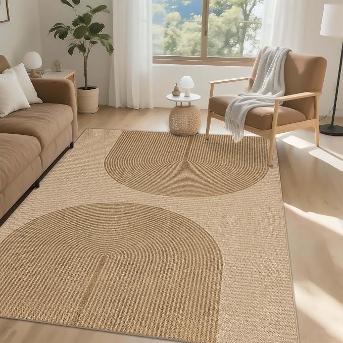 Easy Jute Rug 5x7 Outdoor: Natural Area Rugs for Patio Linen-Look Fabric Durable - Washable Carpet for Living Room Bedroom - Geometric Arch Pattern