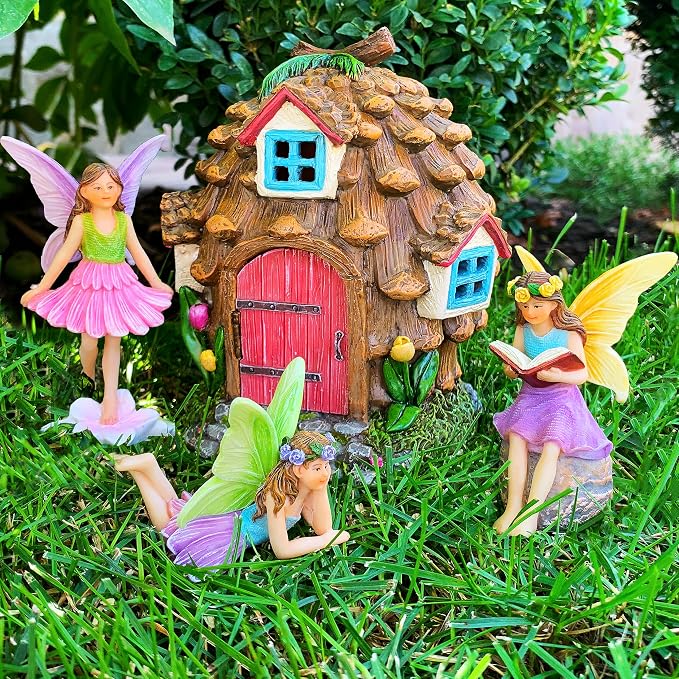 Mood Lab Fairy Garden Figurines - Pinecone Fairy House Set (4 pcs) - Miniature Decorative Statues & Accessories - Outdoor & Indoor Garden Decor