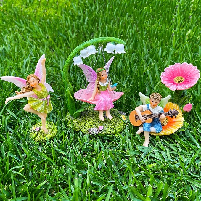 Mood Lab Fairy Garden Figurines - Dancing Swing Set (5 pcs) - Miniature Decorative Statues & Accessories - Outdoor & Indoor Garden Decor