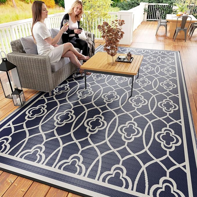 Outsunny Outdoor Rug for Patio, 9' x 18' Waterproof Large Mat, Reversible Plastic Straw Rug for Decor, Portable Outside RV Camping Area Carpet Mat for Backyard Porch Deck Picnic, Blue & White Lantern