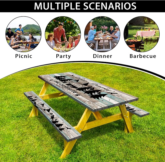 Picnic Table Cover with Bench Covers Camping Essentials Wood Texture Rectangle Fitted Tablecloth with Elastic Waterproof Outdoor Table Cloth for RV Picnic Travel (Teal, 72" x 30" (Rectangular))