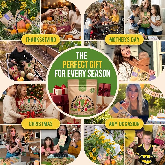 Organo Republic 12 Rare Sweet & Mild Pepper Seeds Variety Pack - 770+ Non-GMO Heirloom Pepper Seeds for Outdoor and Indoor Home Gardening, Including Pepper Anaheim, Pepperonchini, Pimento, Lilac Bell
