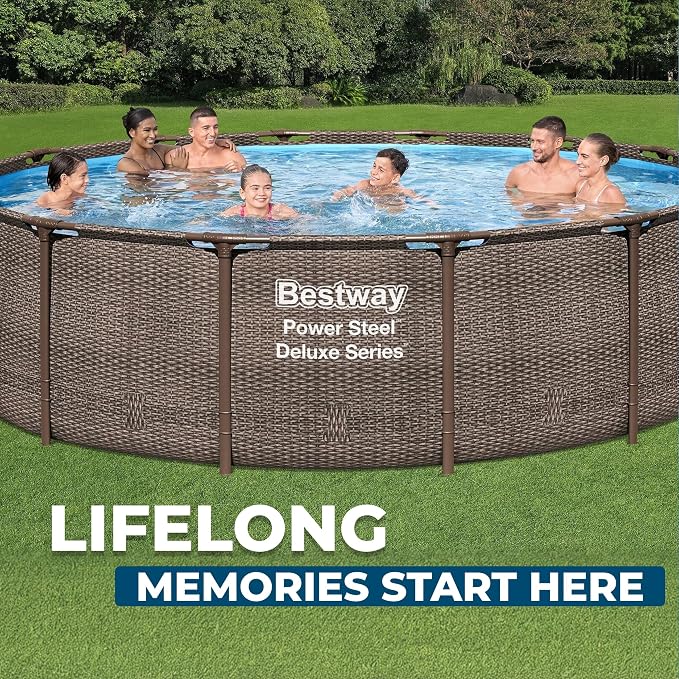 Bestway Power Steel 14’ x 42” Above Ground Swimming Pool Set with Pump | Durable Round Metal Frame Outdoor Backyard Pool - Ladder, Cover, and Type III Filter Cartridge Included, Brown Wicker Print