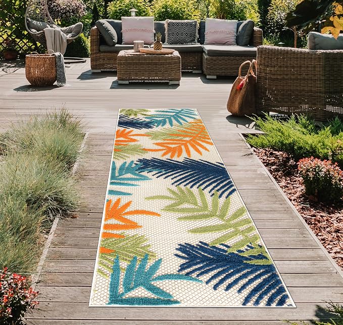 Rugshop Evora Palm Frond Non-Shedding Easy Cleaning Patio Deck Backyard Indoor/Outdoor Runner Rug 2' 7" X 12' Multi