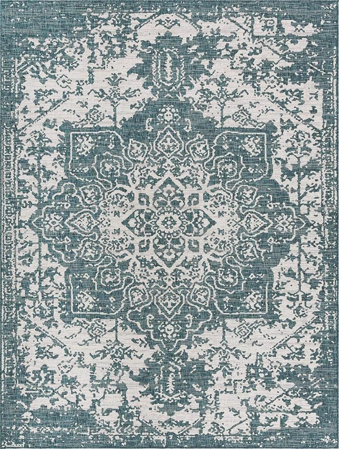 Unique Loom Outdoor Collection Area Rug - Dubai (9' x 12' Rectangle, Teal/ Ivory)