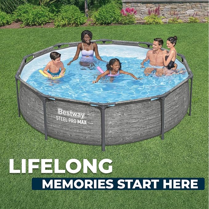 Bestway Steel Pro MAX 10' x 30" Above Ground Swimming Pool Set with Pump | Durable Round Metal Frame Outdoor Backyard Pool, Puncture-Resistant Liner - Filter Pump Included, Stacked Stone Print