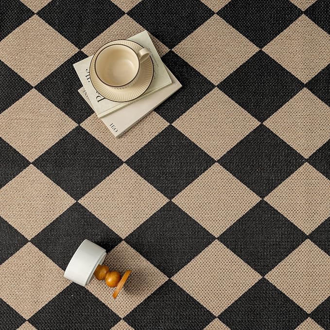 PureCozy 2x3 Checkered Easy Jute Kitchen Front Doormat Non Slip Washable Neutral Area Rug Diamond Non Shedding Low Pile Black Checkerboard Floor Carpet for Farmhouse Entryway Porch Doorway