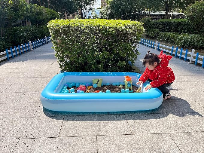 Inflatable Splash Pool for Kids, Plastic Wading Pools Outdoor, Large Sensory Sand & Water Play Pit for Toddlers, Kiddie Small Swimming Pool with Air Pump, Sand Box Backyard (53"*35"*9")