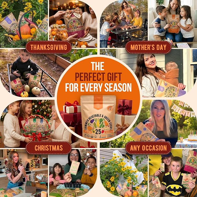 Organo Republic 25 Summer Vegetable Garden Seed Variety Pack - 6,510+ Non-GMO Heirloom Veggie & Greens Seeds for Outdoors & Indoor Home Garden, Including Collards, Pepper, Okra, Onion, Bean, Cucumber