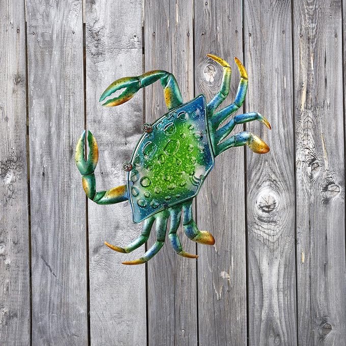 JOYBee 17.2Inch Large Metal Crab Wall Art Decor,Decoration for Outdoor Indoor,Nautical Hanging Art Blue Green Stained Glass with Metal for Garden Pool Patio Balcony Kitchen or Bathroom