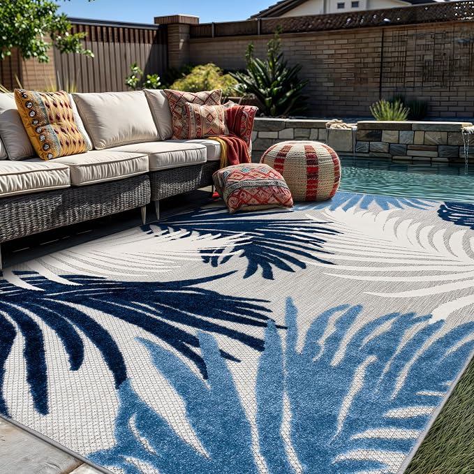 Rugshop Navy Lucca Contemporary Floral Indoor/Outdoor Area Rug Durable Polypropylene, Weather Resistant, Easy to Clean Perfect for Patio, Backyard, Deck and Outdoor Lounge 6'6" x 9'