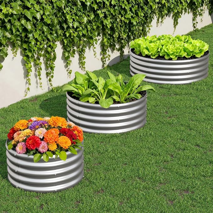 3Pack 3x3x1ft Galvanized Raised Garden Bed, Planter Raised Garden Beds Outdoor, Round Clearance Raised Garden Beds for Gardening Vegetables……