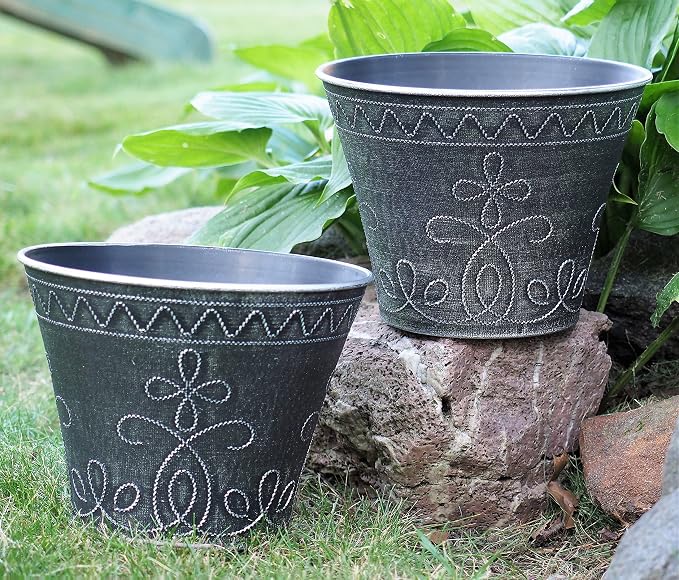 Set of 2 Decorative Planter Rustic Medieval/French Country Look Flower Nursery Pot for Indoor, Outdoor, Garden, Patio, Office, Home Decor Use. Long Lasting, Reusable Light Weight (Silver)