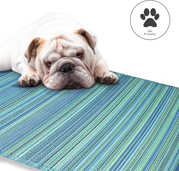 Fab Habitat Outdoor Rug - Waterproof, Fade Resistant, Crease-Free - Premium Recycled Plastic - Striped - Large Patio, Deck, Sunroom, Camping, RV - Cancun - Turquoise & Moss Green - 6 x 9 ft