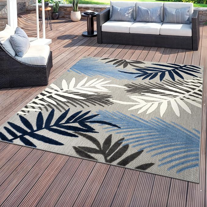 Rugshop Blue Palm Frond Indoor/Outdoor Square Area Rug Easy Cleaning for Patio, Dining Nook and Balcony, 6'6" x 6'6" Square