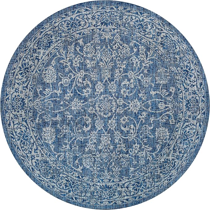 JONATHAN Y Weave Floral Indoor Outdoor Round Area Rug 3 Ft Navy/Gray, Tela Bohemian Textured for Backyard, Patio, Porch, Easy-Cleaning, High Traffic, Pet-Friendly, Non-Shedding (SMB100B-3R)