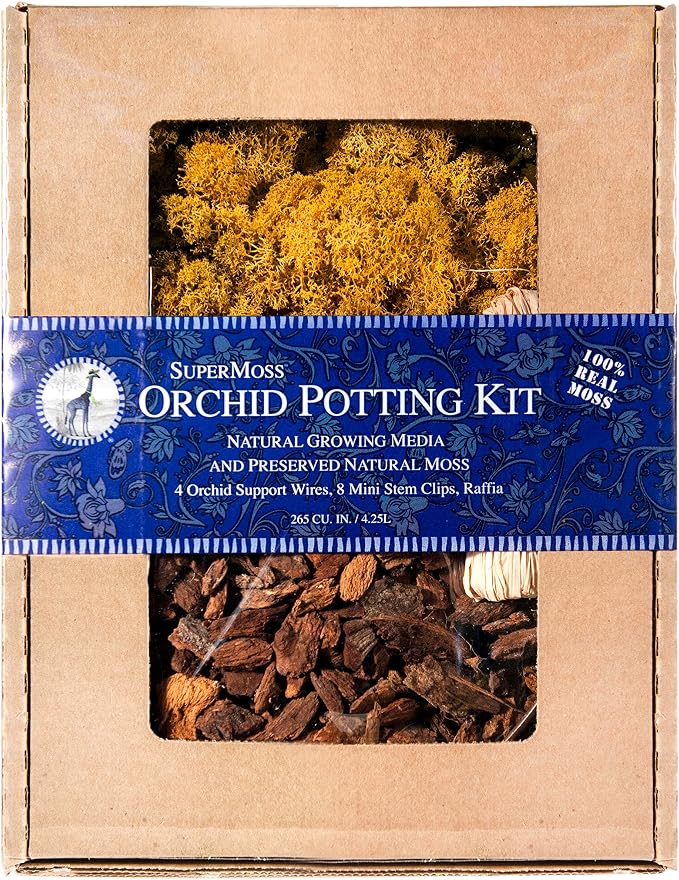 SuperMoss (90508) Orchid Potting Kit, Complete Orchid Care Set with Preserved Moss, Orchid Bark, Floral Clips and Stakes, 200 Cu. In., Reindeer Moss, Mango
