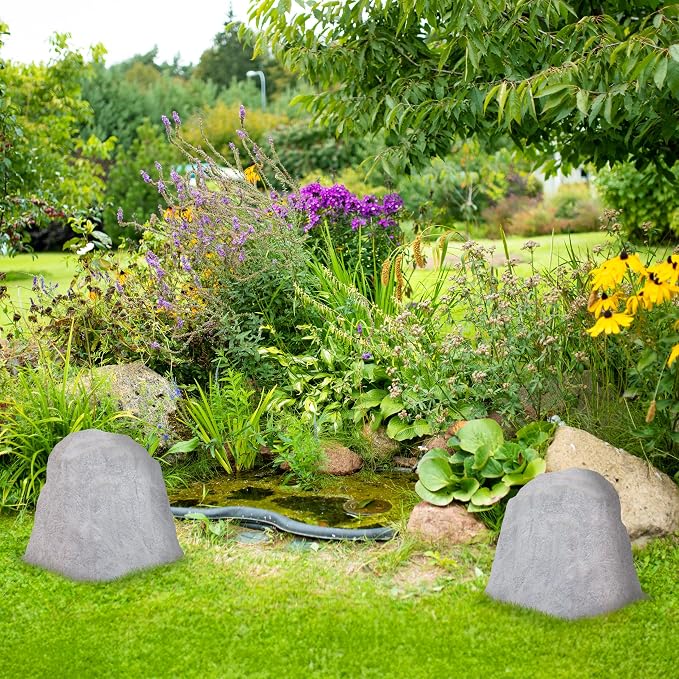 Sunnydaze Gray Decorative Landscape Rock Sculpture - Polyresin Well Cover, Septic Tank Artificial Stone - Set of 2 with Stakes