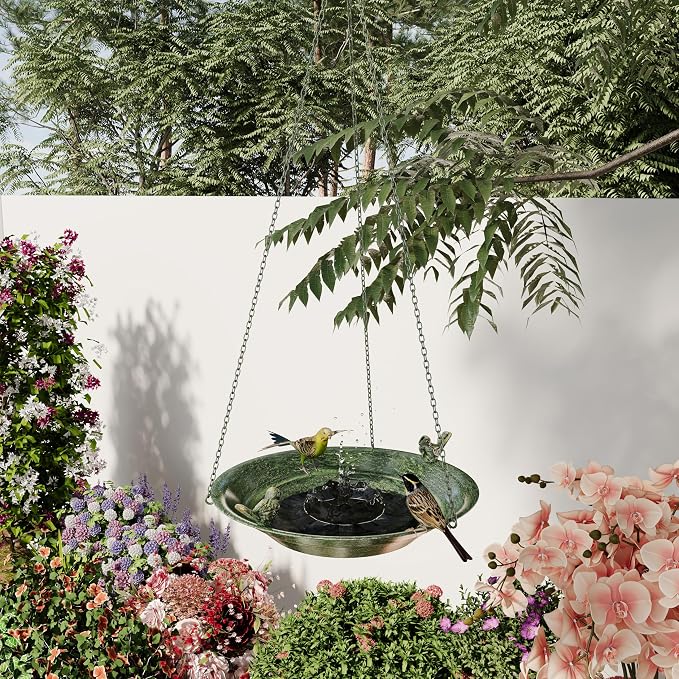 12'' Metal Hanging Bird Bath with Solar Fountain, Vintage Bird Bath Bowl, Bird Feeder with Bird Bath Bubbler for Outdoors, Garden, Patio Decor (Bronze Green)