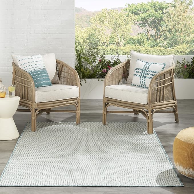 Nourison Home Courtyard Ivory Aqua 6' x 9' Area Rug - Easy Clean, Non Shedding, Bed Room, Living Room, Dining Room, Kitchen (6' x 9')