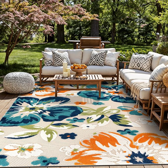 Rugshop Multi Bergamo Floral Indoor/Outdoor Area Rug for Patio, Porch and Dining Area, 6'6" x 9'