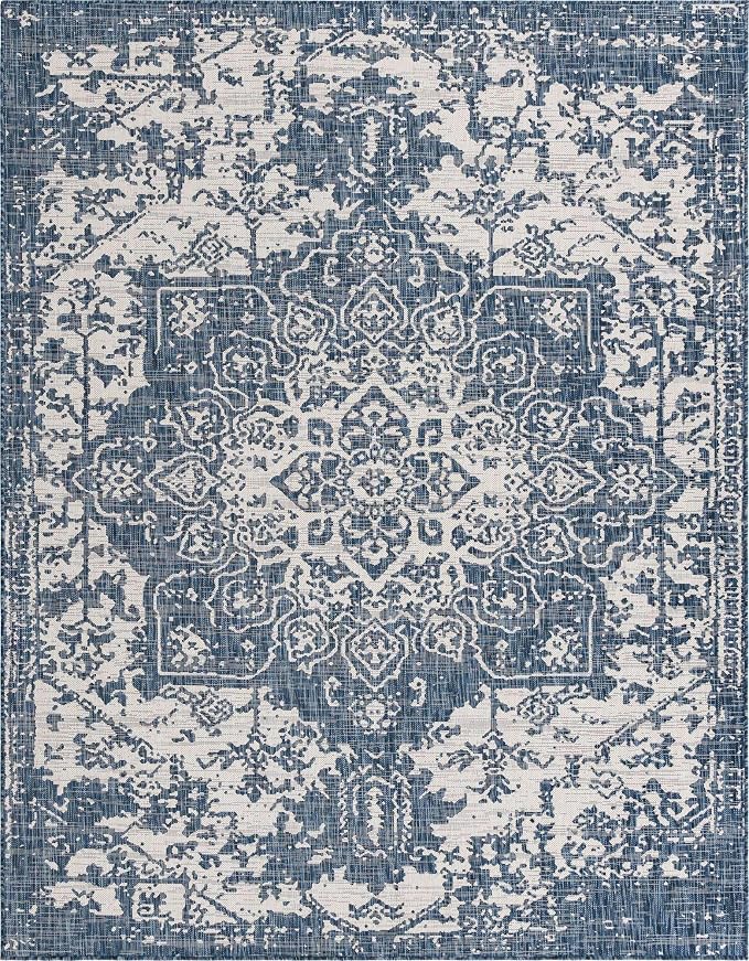 Unique Loom Outdoor Collection Area Rug - Dubai (7' 10" x 10' Rectangle, Blue/ Ivory)