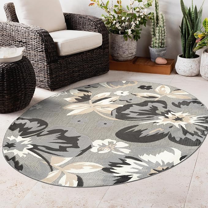 Rugshop Bergamo Contemporary Floral Non-Shedding Easy Cleaning Patio Deck Backyard Indoor/Outdoor Area Rug 8' Round Gray
