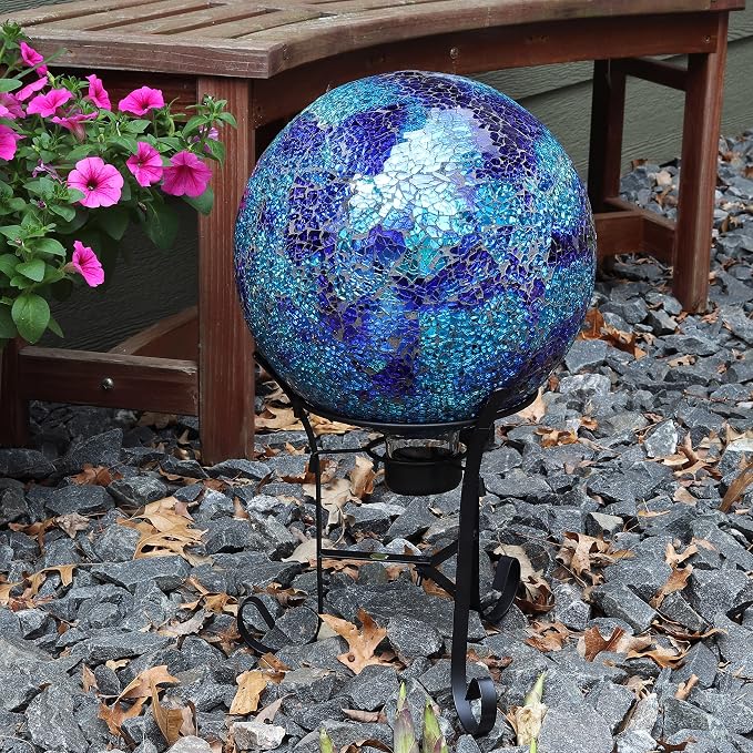 Sunnydaze 10" Mosaic Glass Gazing Ball for Garden, Globe for Outdoor Decor | Deep Ocean Swirl, 2pk, Decorative Sphere Fits Most Stands, Garden Ball for Outside, Flower Bed, Backyard, or Indoor Display
