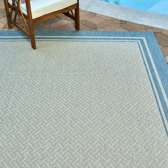 Gertmenian Indoor/Outdoor Flatweave Area Rug - 5x7 Standard, Stain & UV Resistant, Ideal For Deck, Patio, Poolside, Mudroom - Border, Aqua Blue, 21563