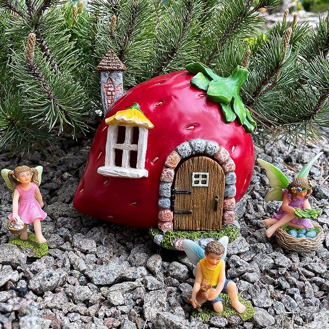 Mood Lab Fairy Garden Figurines - Strawberry House Set (4 pcs) - Miniature Decorative Statues & Accessories - Outdoor & Indoor Garden Decor