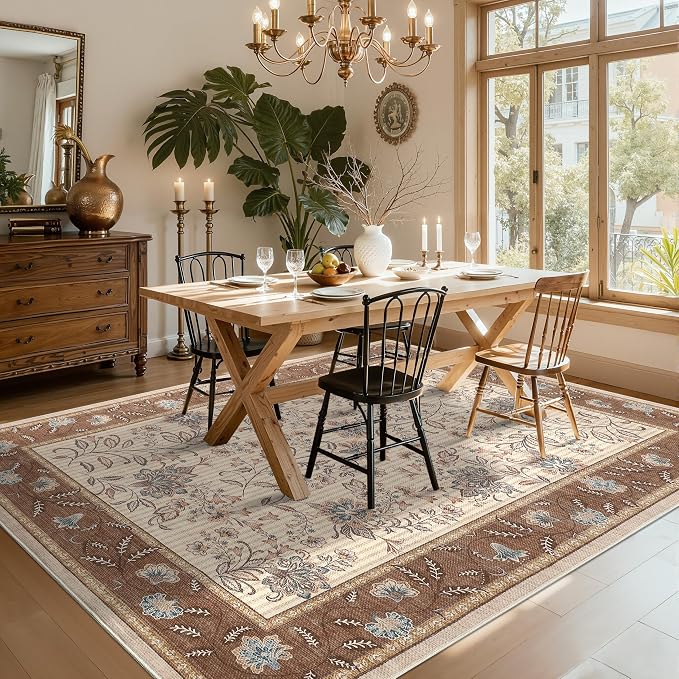 GarveeHome 9x12 Brown Washable Large Area Rug Living Room Rug Non Slip | Soft Country Mat Carpet Indoor Botanical Floral Rug for Bedroom Dining Room Playroom Nursery Room Home Office